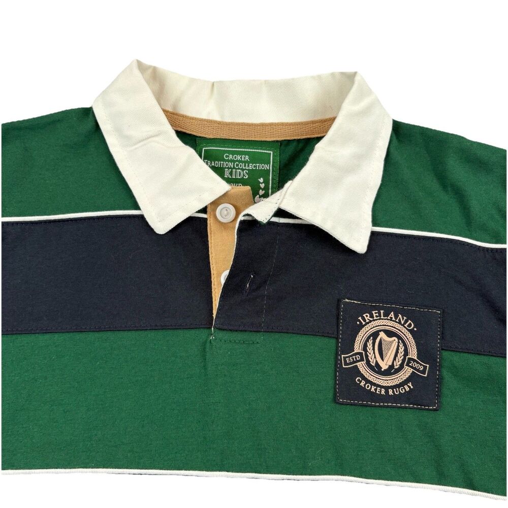 Croker Ireland Rugby Shirt Kids 12yr Blue Green Stripe Long Sleeve Polo